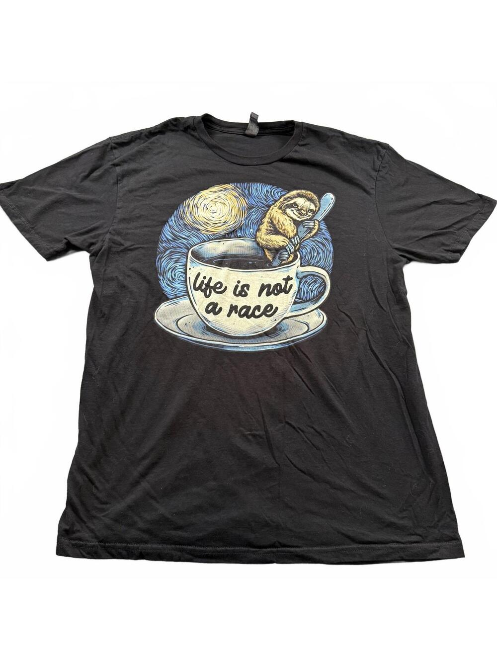Life Is Not A Race Sloth Coffee T-Shirt Black Men’s Large Starry Night Parody
